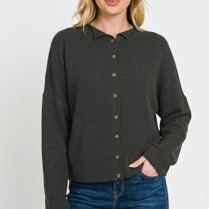 Detailed view of the soft wool-blend knit texture and buttons on the Zenana cardigan.