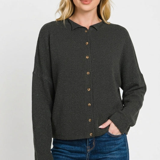 Detailed view of the soft wool-blend knit texture and buttons on the Zenana cardigan.