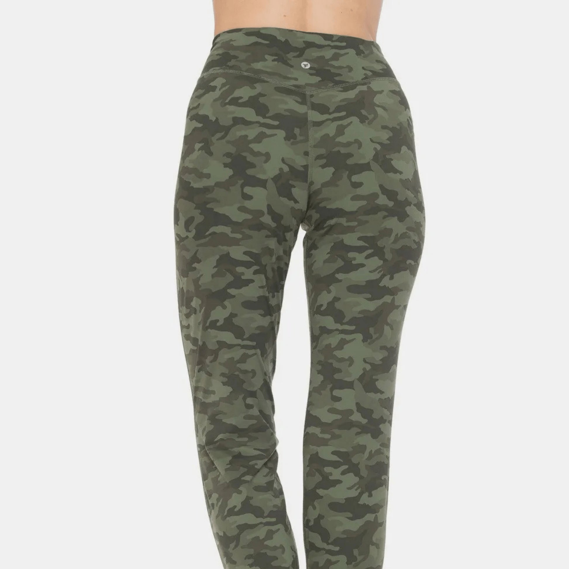 Back view of high-waist camouflage leggings showing the seamless and supportive design.