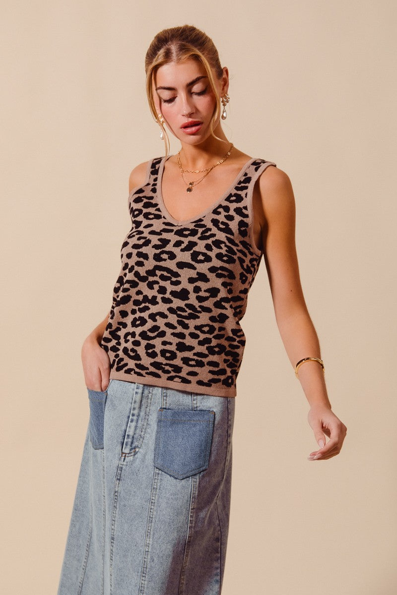 Side view of the leopard knitted lightweight v-neck tank top highlighting the comfortable sleeveless fit