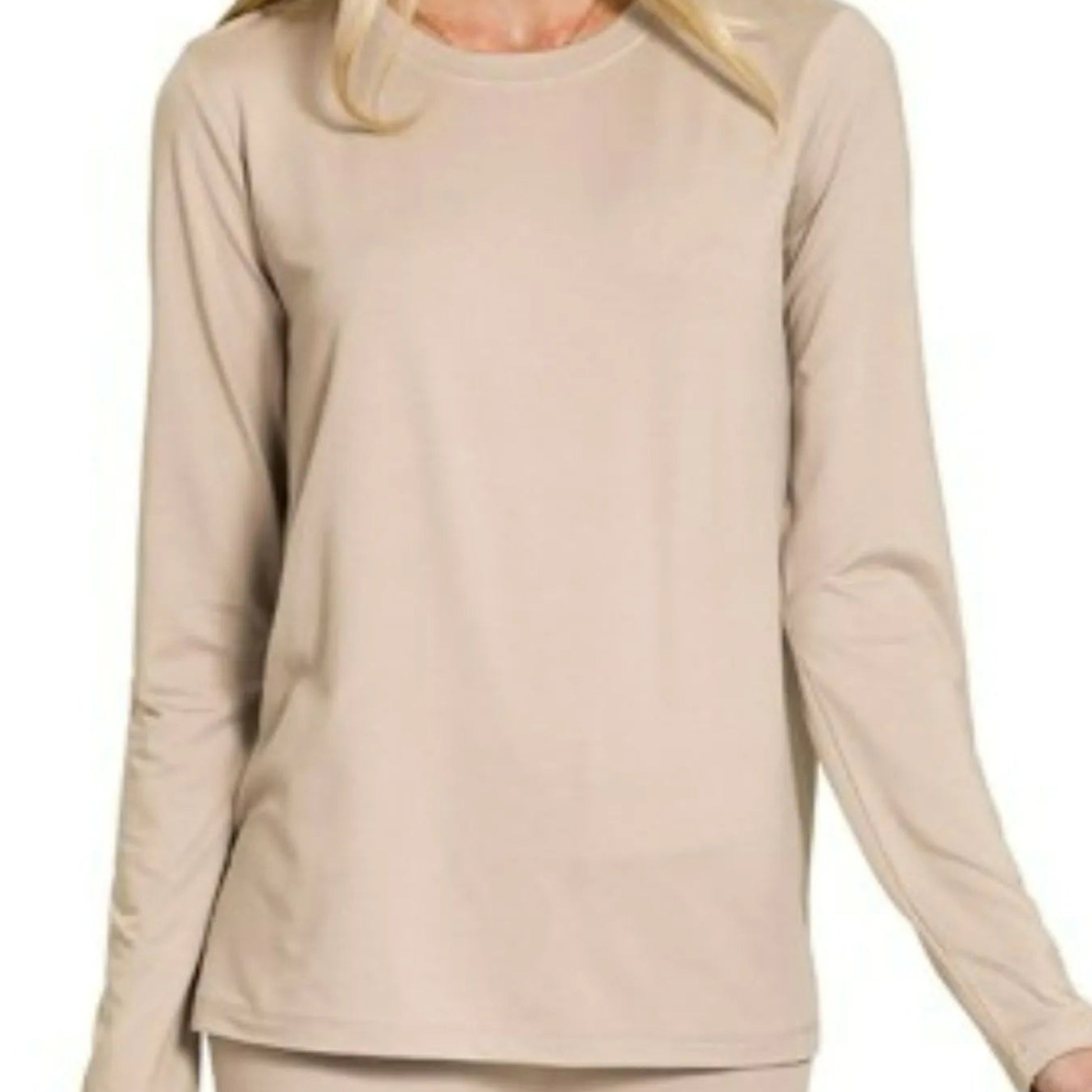Lifestyle view of the Ash Mocha top and leggings set styled for a comfortable boutique look.