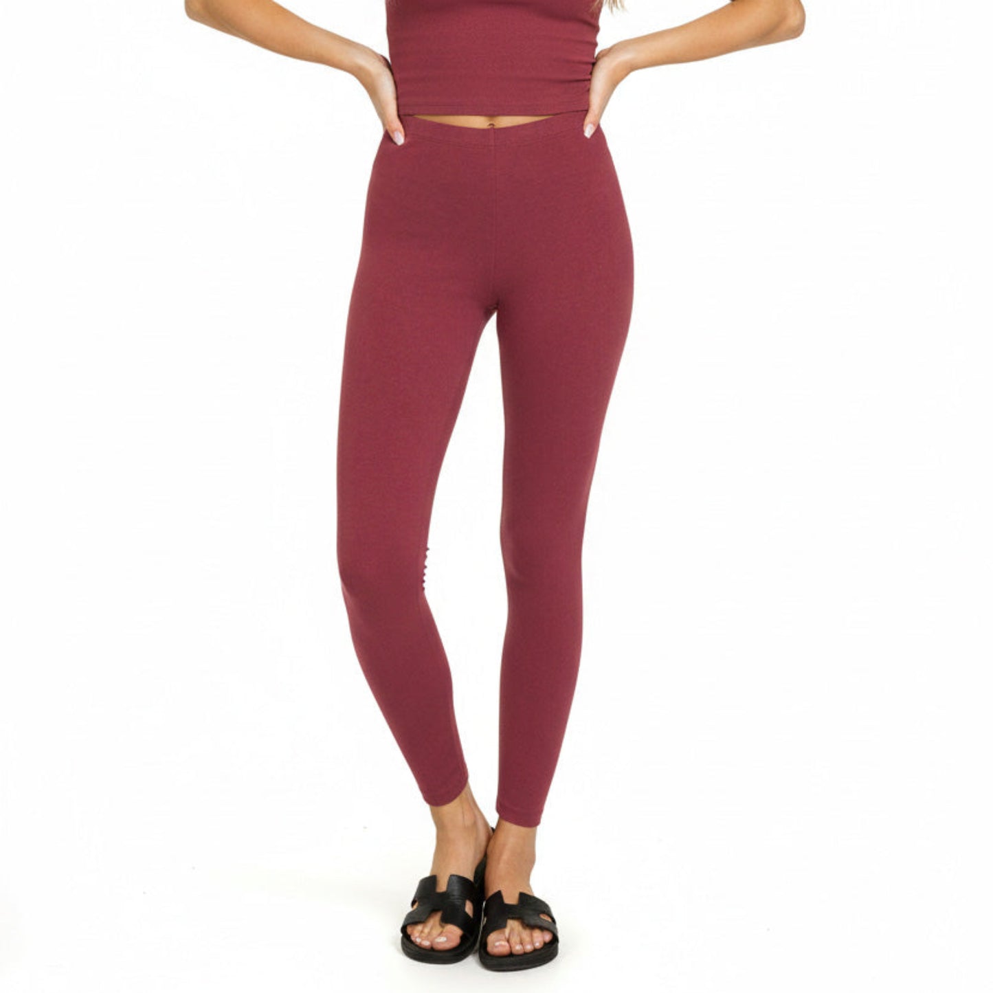 Lifestyle view of the Cabernet premium cotton leggings styled for an effortless boutique look.