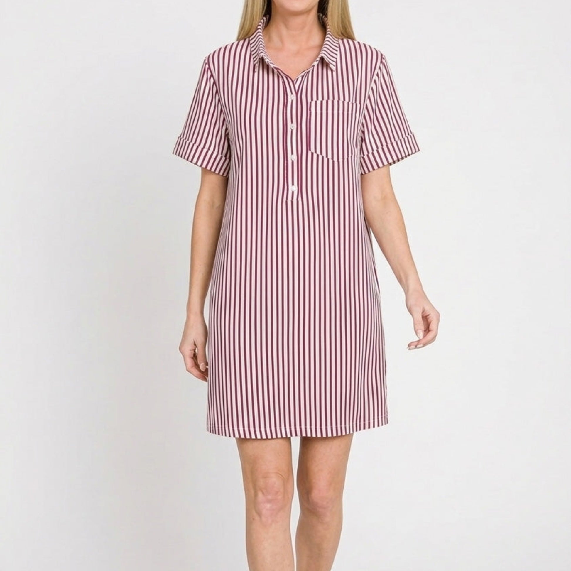 Lifestyle view of the Cabernet striped collared dress styled for a chic, modern coastal look.