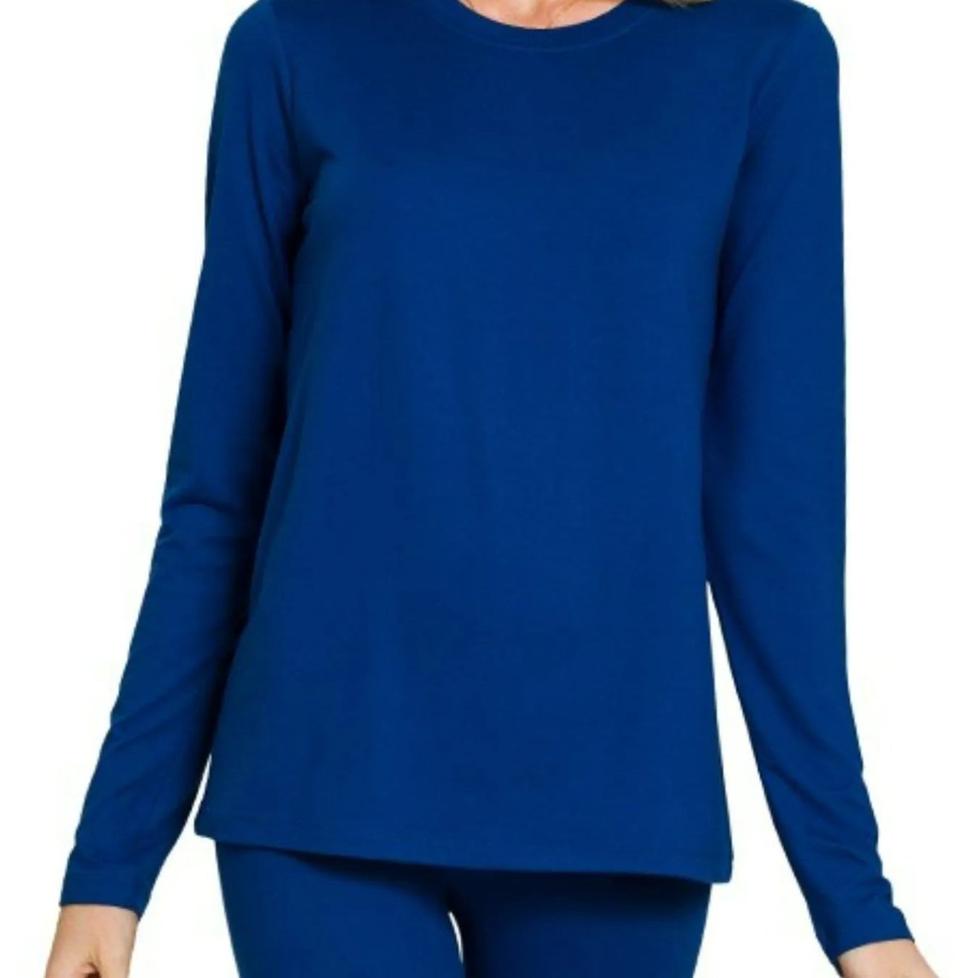 Lifestyle view of the Light Navy top and leggings set styled for a comfortable boutique aesthetic.