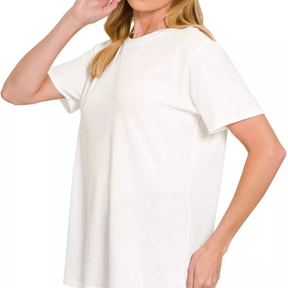 Side view of Zenana women's white cotton relaxed round neck tee.