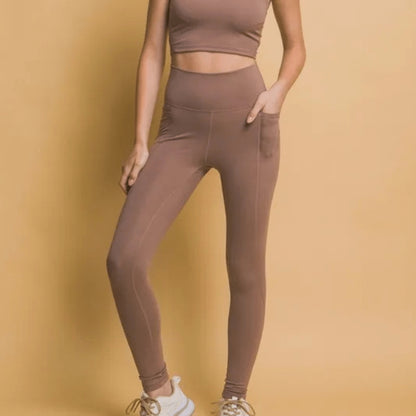 Love Tree high-waist taupe leggings featuring functional side pockets for activewear.