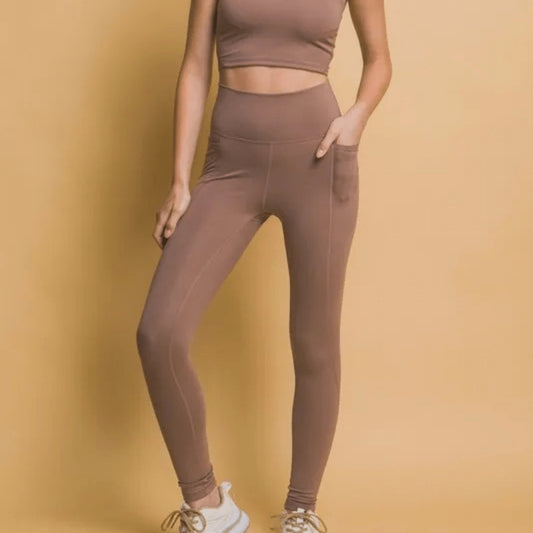 Love Tree high-waist taupe leggings featuring functional side pockets for activewear.