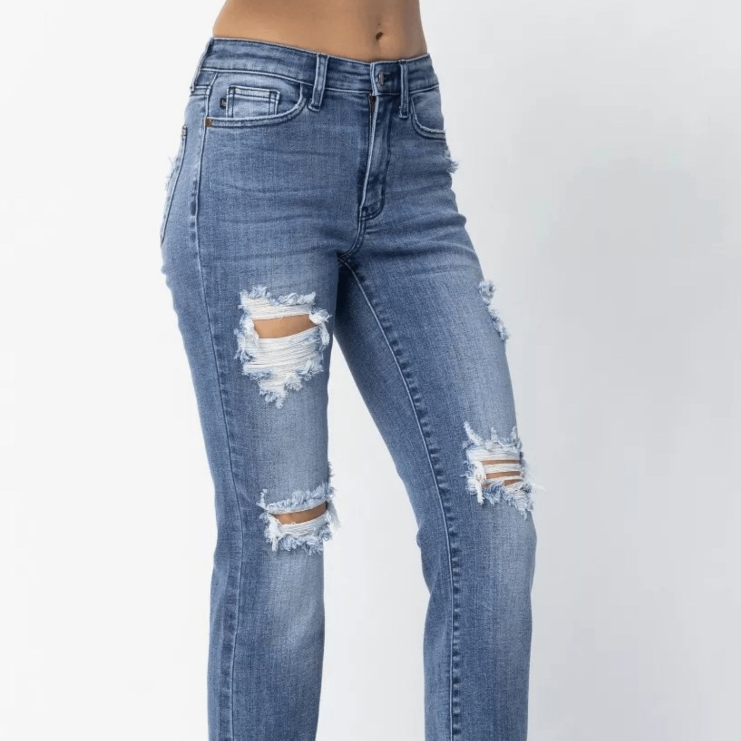 Final full body view of Judy Blue mid-rise destroy straight jeans.