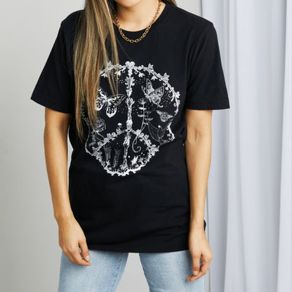 mineB black 100% cotton graphic tee with white butterfly peace symbol design.