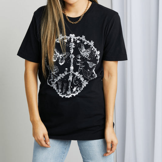 mineB black 100% cotton graphic tee with white butterfly peace symbol design.