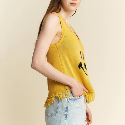 Full model view of the Jade By Jane mustard yellow smiley tank top.