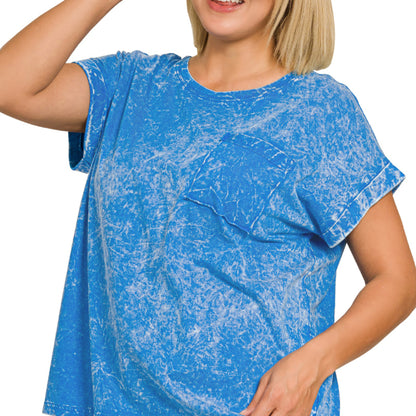 Close-up of the vintage crinkle-wash texture and chest pocket on the ocean blue Zenana tee.