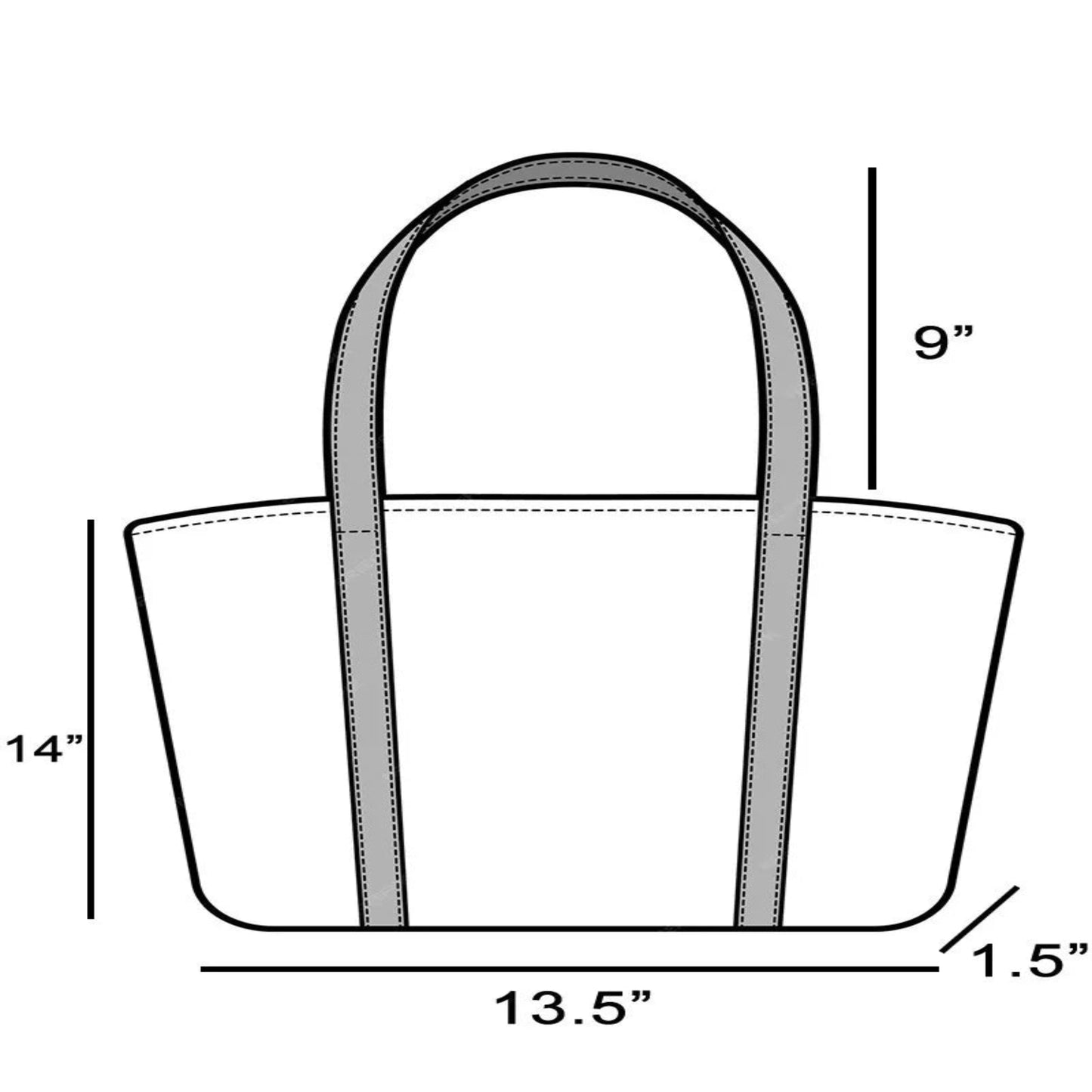 Pink ribbon bow tote bag size chart showing 14 inch height and 13.5 inch length