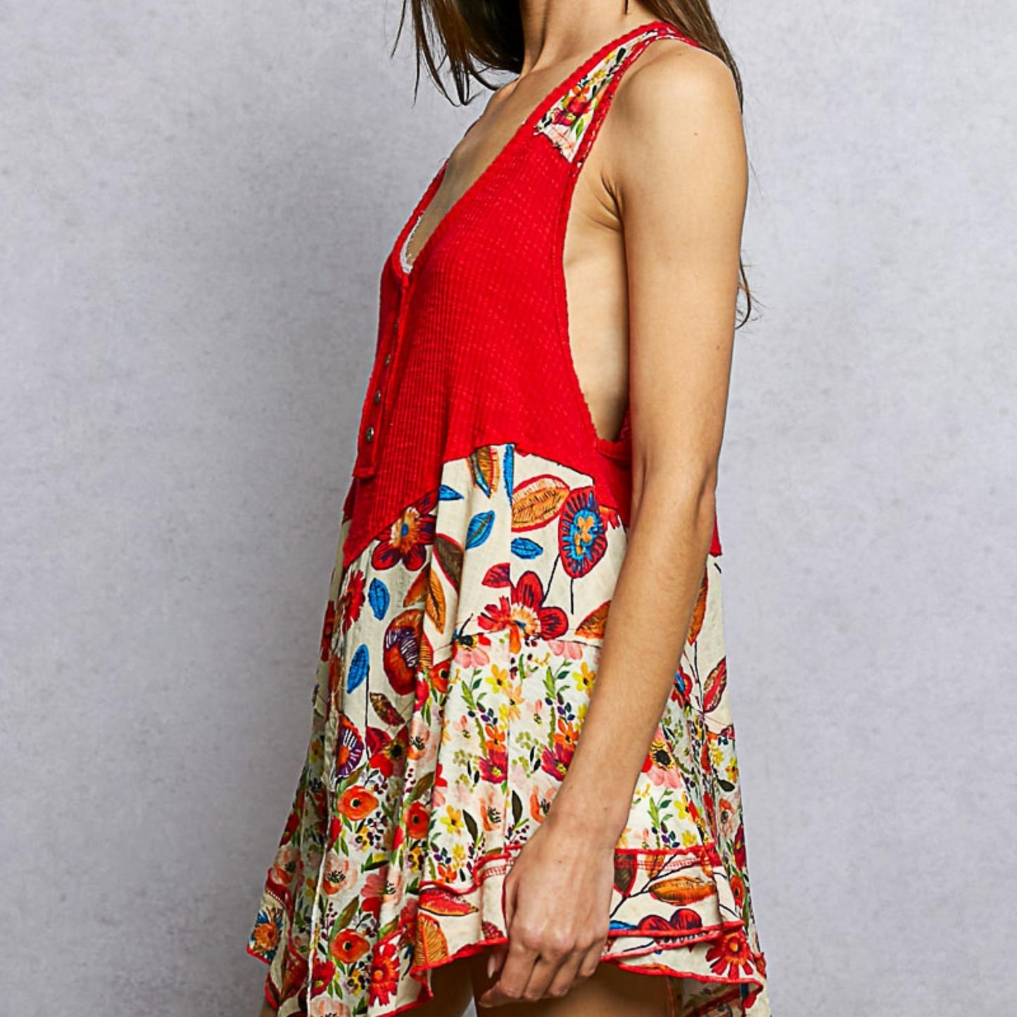 POL ruby ribbed tank with asymmetrical floral pattern — side perspective.