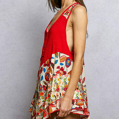 POL ruby ribbed tank with asymmetrical floral pattern — side perspective.