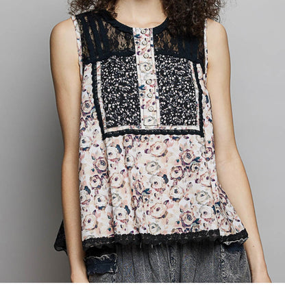 POL black printed sleeveless top with intricate lace back and button detail.