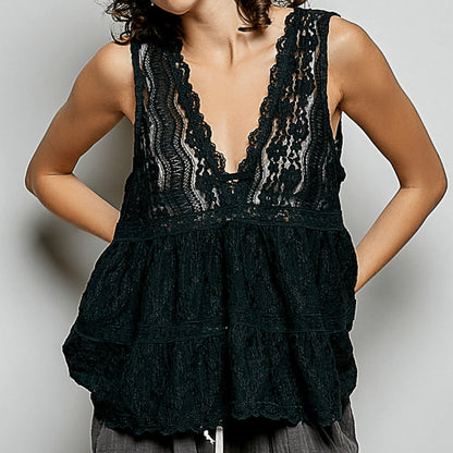 POL black sleeveless top featuring elegant scalloped lace and a deep V-neck.