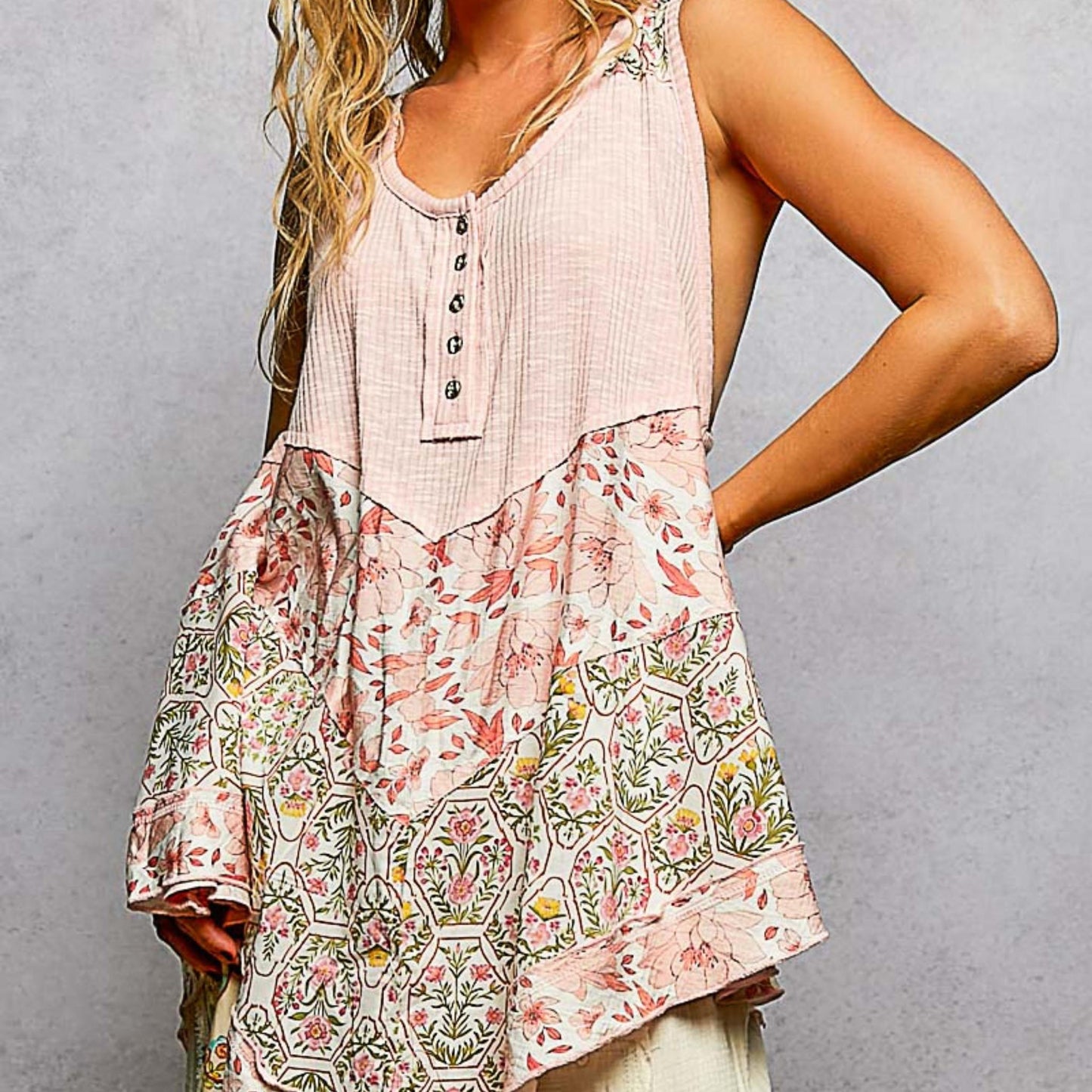 POL blush pink ribbed round neck tank with colorful woven floral print patch.
