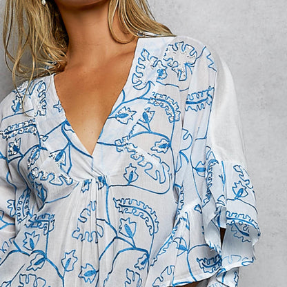 POL ivory multi floral tiered ruffle dress with blue accents — complete presentation.