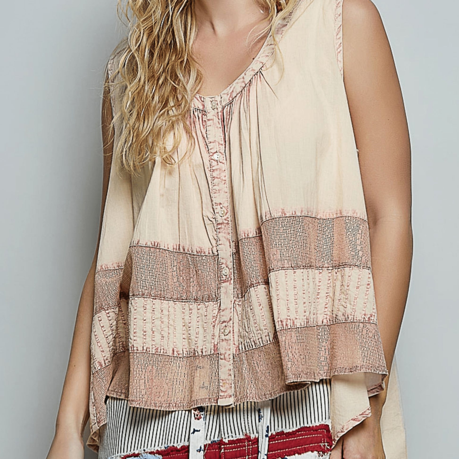 POL button-down round neck tank with crochet contrast and mineral wash.