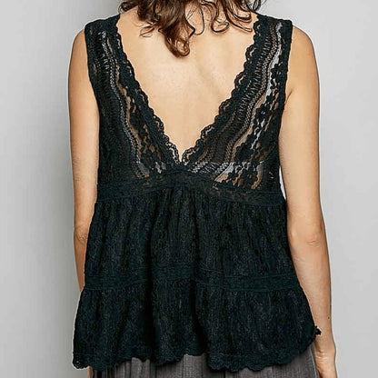 Posterior view of the black lace sleeveless top showcasing the intricate lace detail.