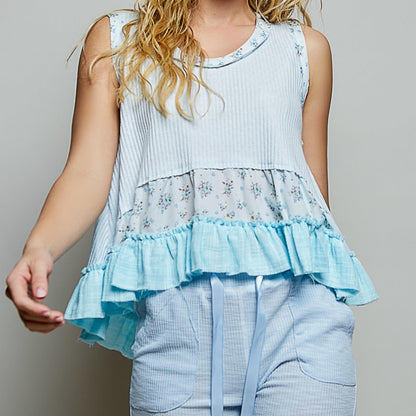 POL ribbed round neck tank with floral print patches and double gauze ruffle hem.