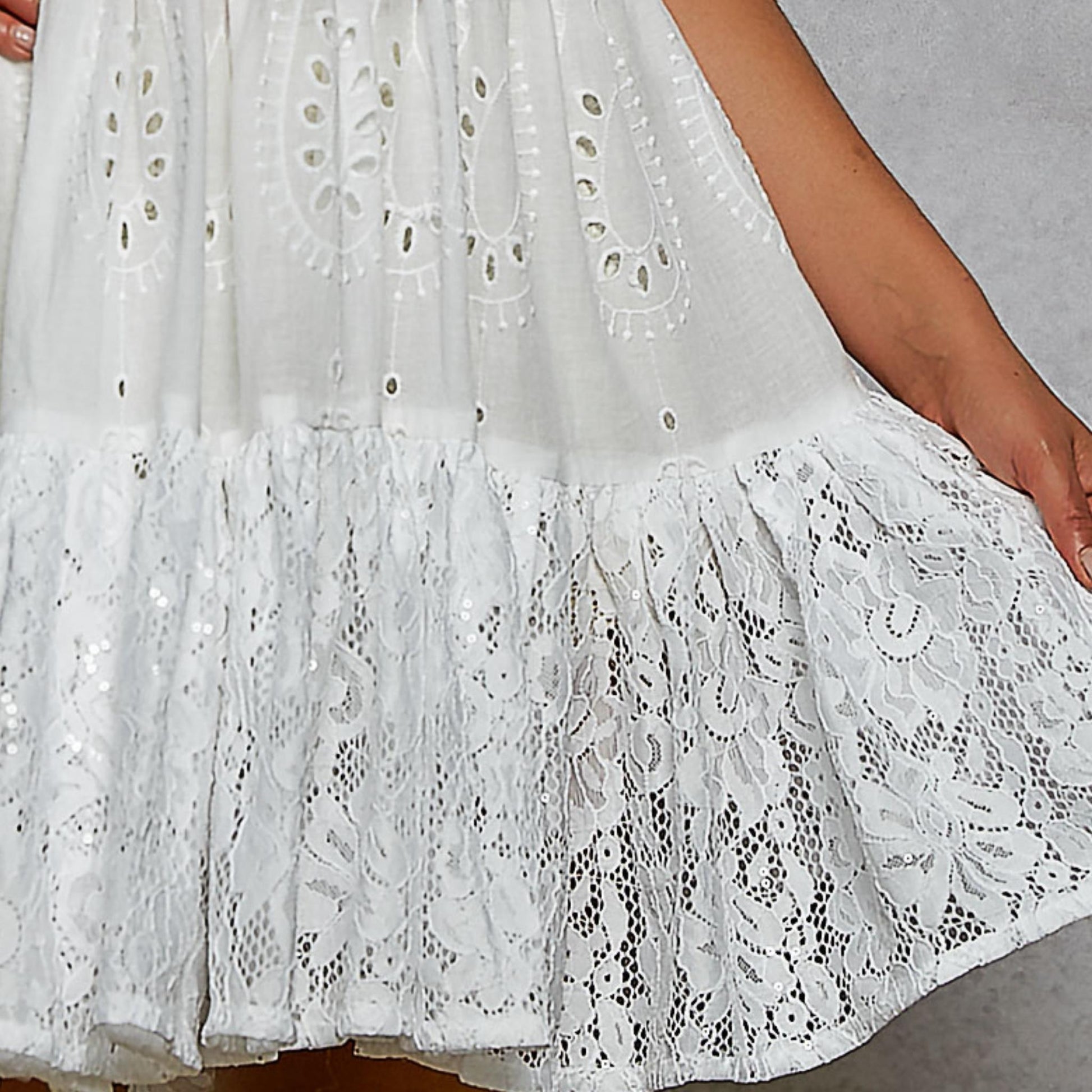 Close-up of a white lace dress with intricate patterns on a plain background