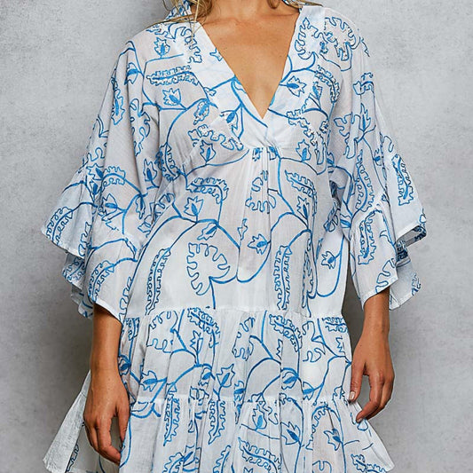 POL ivory multi floral tiered ruffle dress with 3/4 sleeves — frontal display.