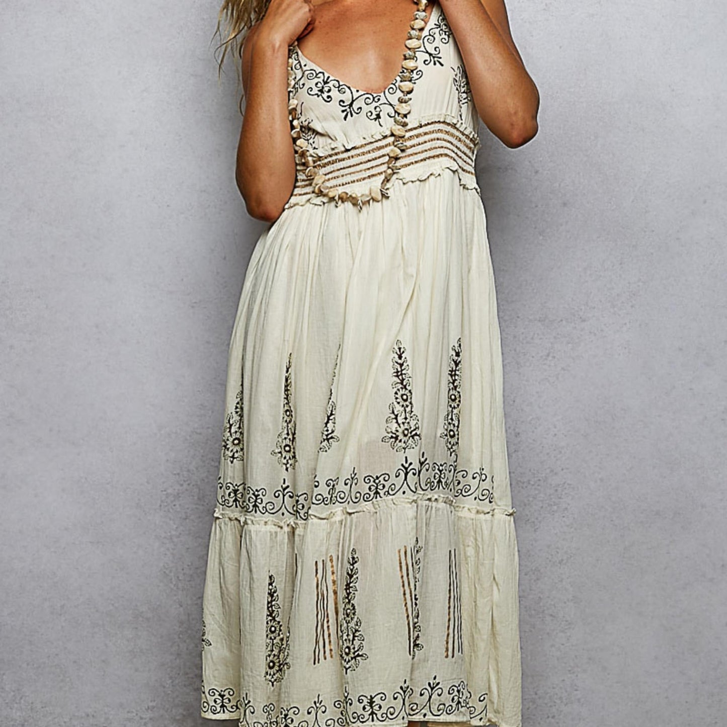 POL natural floral midi cami dress with smocked waistband — frontal display.