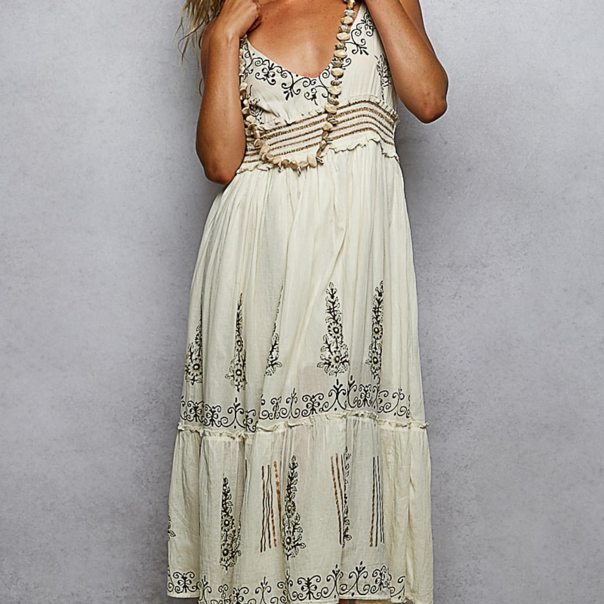 POL natural floral midi cami dress with smocked waistband — frontal display.