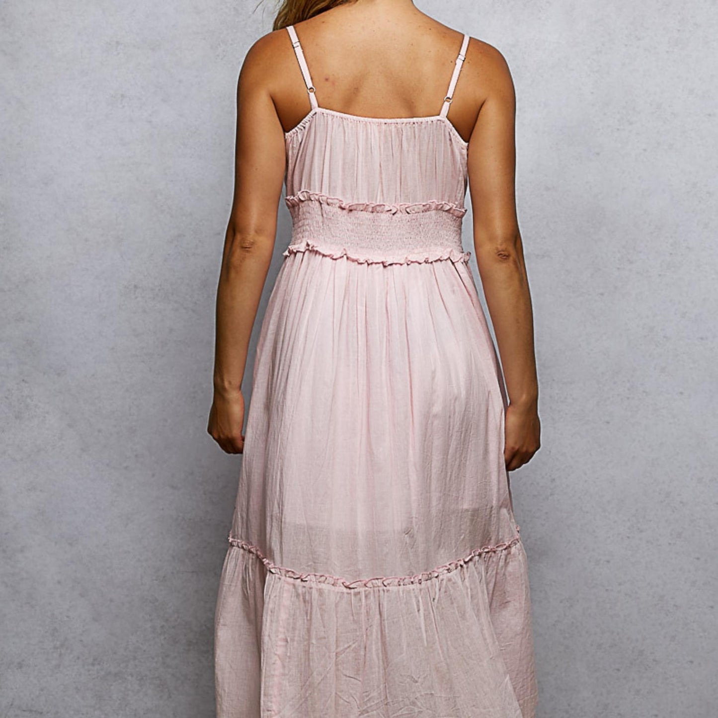POL pink floral midi cami dress in printed cotton — back view.