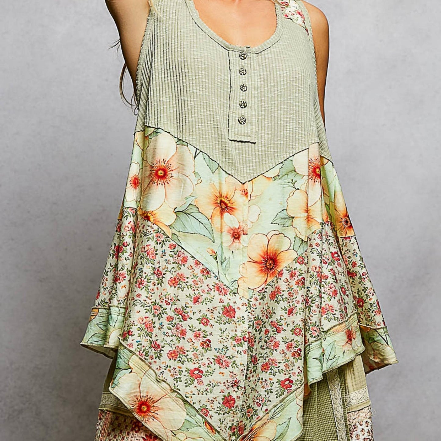 POL powder olive ribbed tank with woven floral print patch — frontal display.