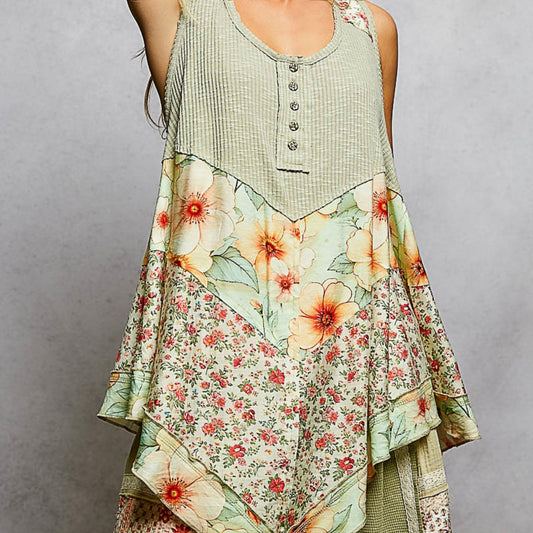 POL powder olive ribbed tank with woven floral print patch — frontal display.