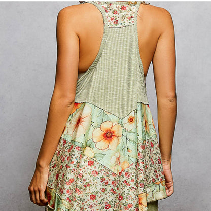 POL powder olive ribbed tank in vintage wash — back view.