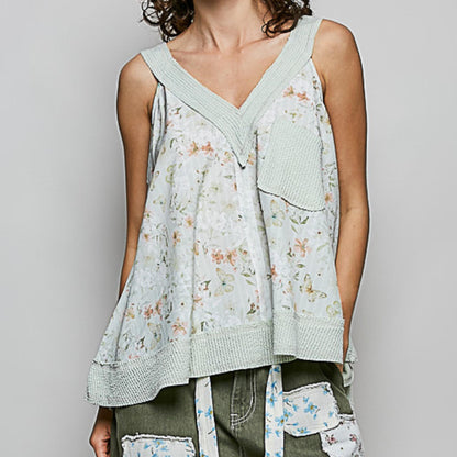 Frontal view of the POL sage floral print sleeveless top.