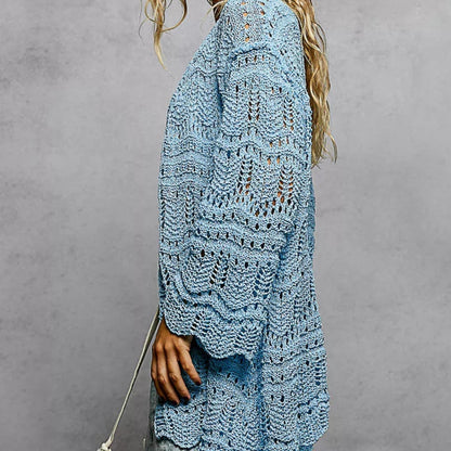 Close-up detail of the scalloped edge and openwork texture on the blue cardigan.