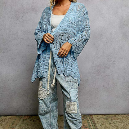 POL sky blue lightweight cardigan with intricate openwork and scalloped edges.