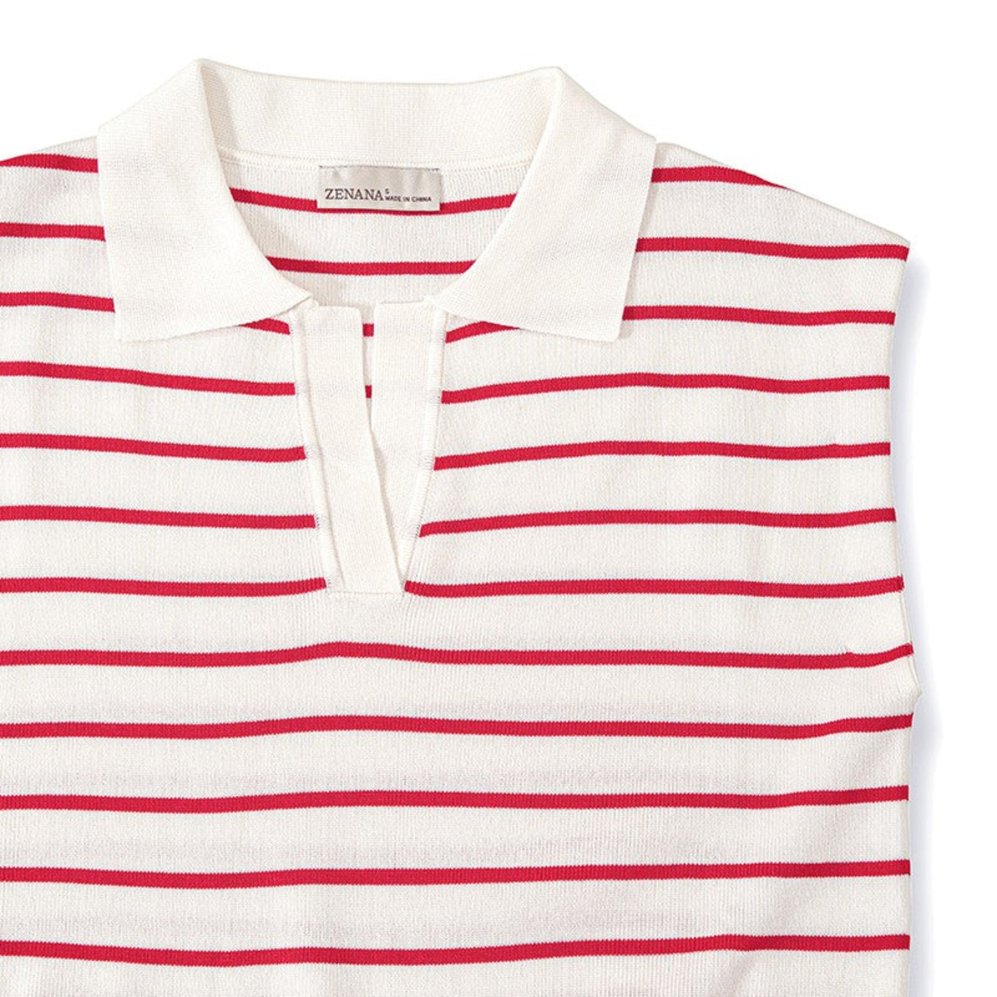 Coastal-inspired styling of the ruby striped polo vest with white linen shorts for a summer transition.