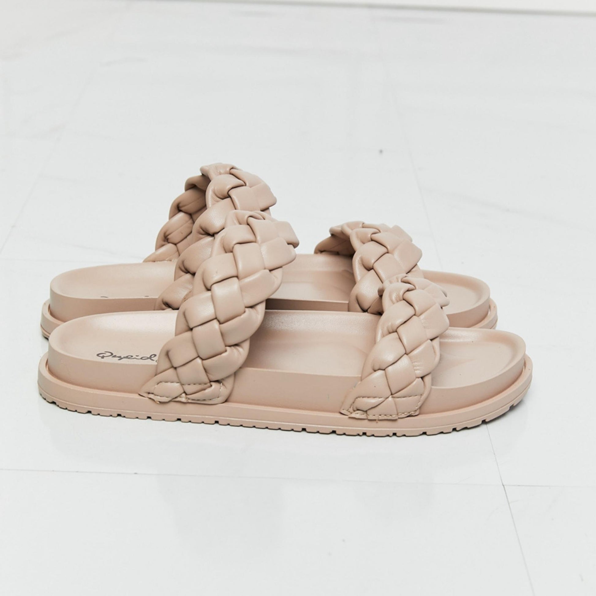 Qupid birch braided open toe slippers showing flat sole — side perspective.