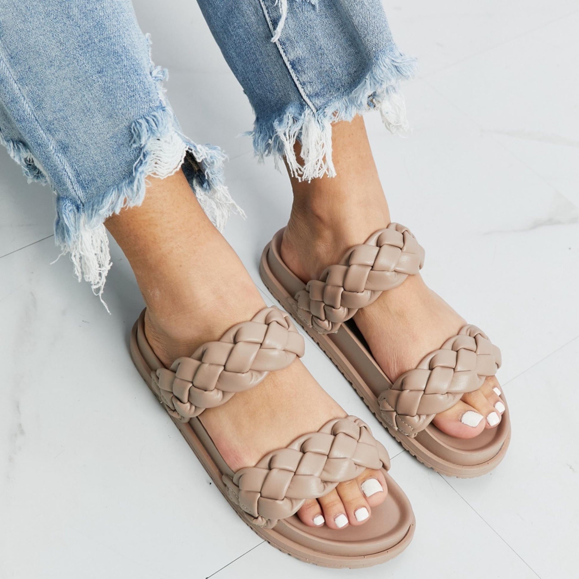Qupid birch braided open toe slippers in faux leather — frontal display.