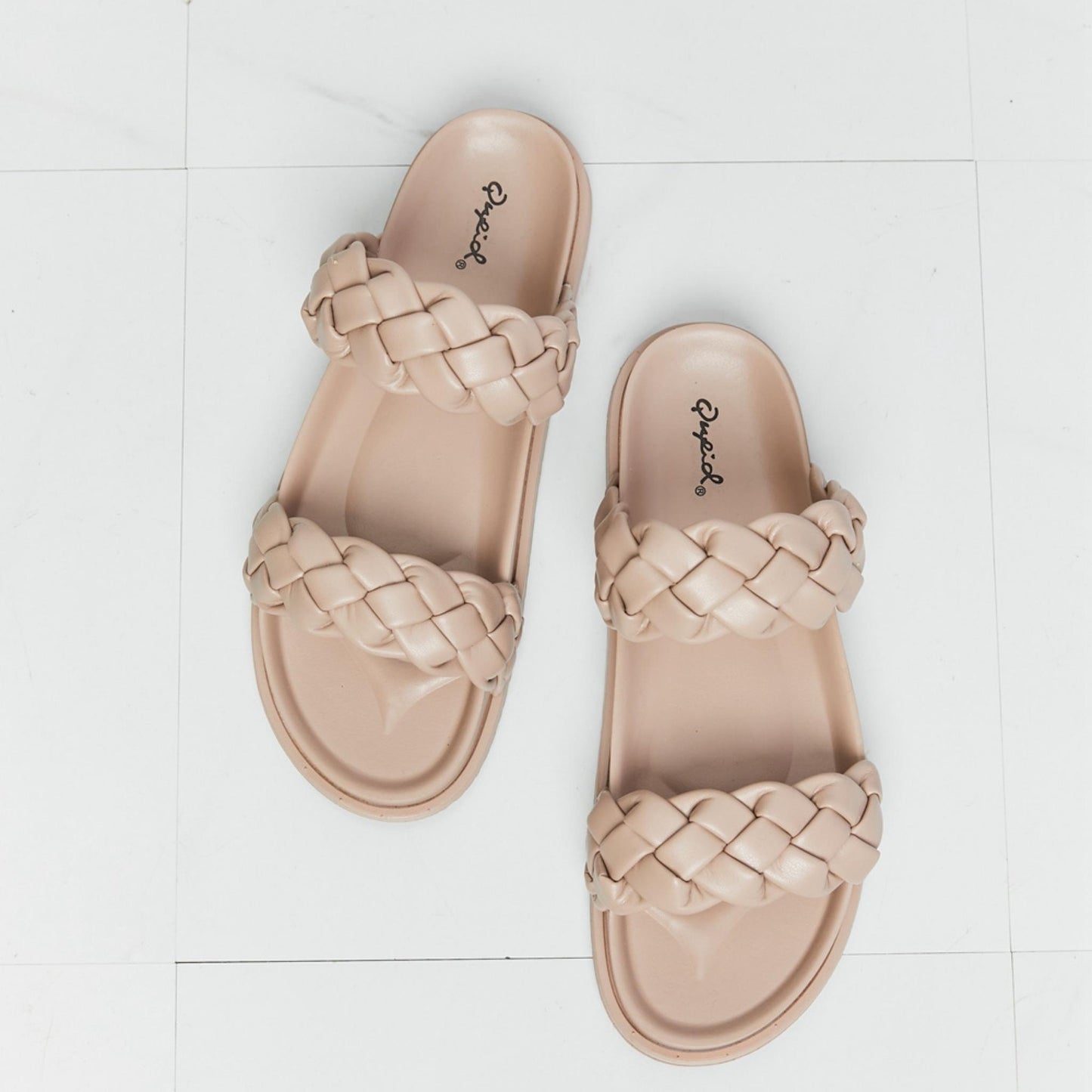 Qupid birch braided open toe slippers in warm beige — top-down view.