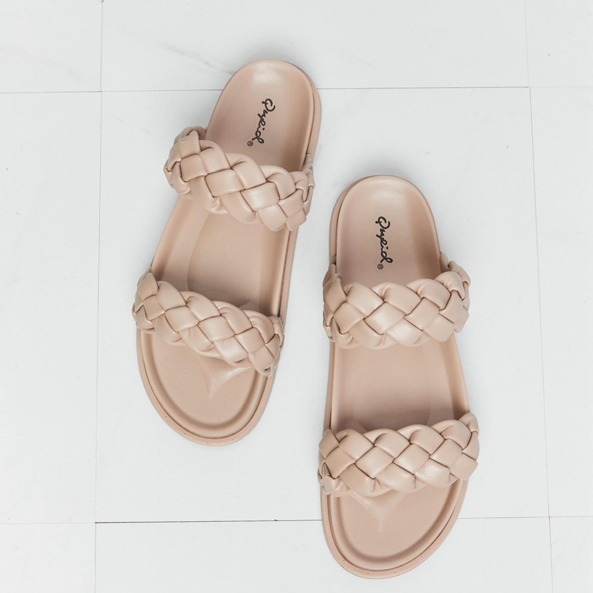 Qupid birch braided open toe slippers in warm beige — top-down view.