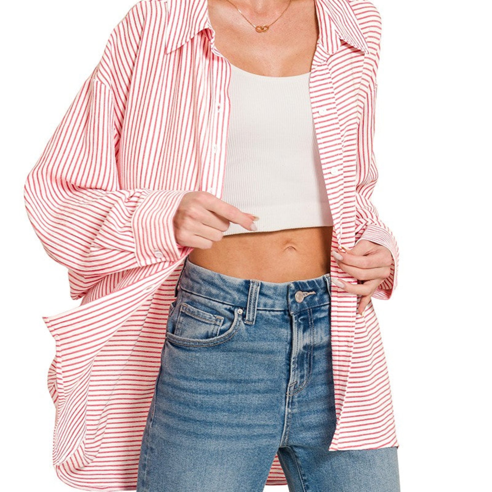 Detailed close-up of the soft woven rayon blend and crisp red stripe pattern.