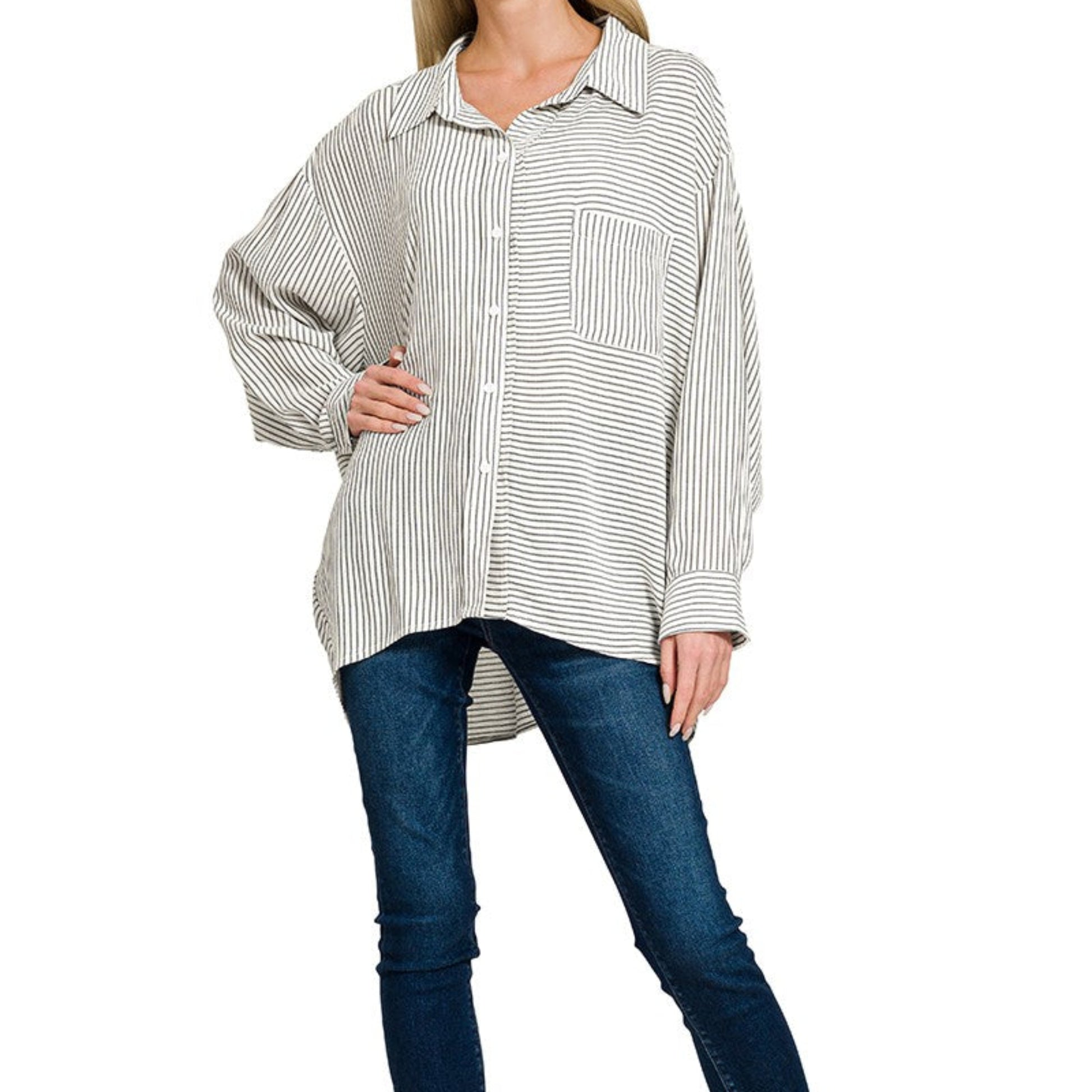 Side profile of the Zenana black shirt showing the modern and structured silhouette.