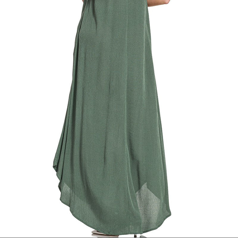 Rear view of the Zenana ash jade maxi dress showing the adjustable cami straps and drape.