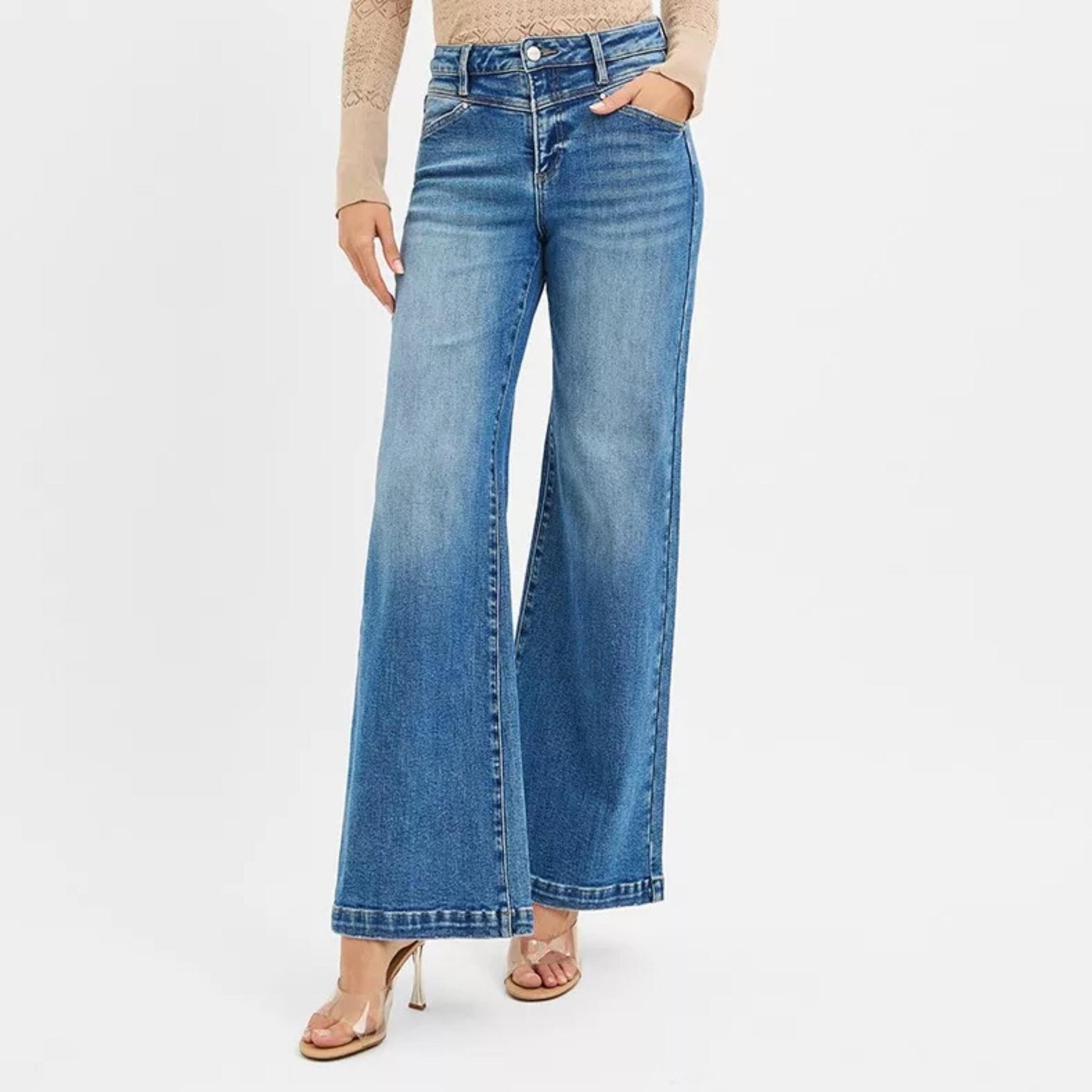 RISEN medium wash high-rise wide-leg jeans — frontal display.