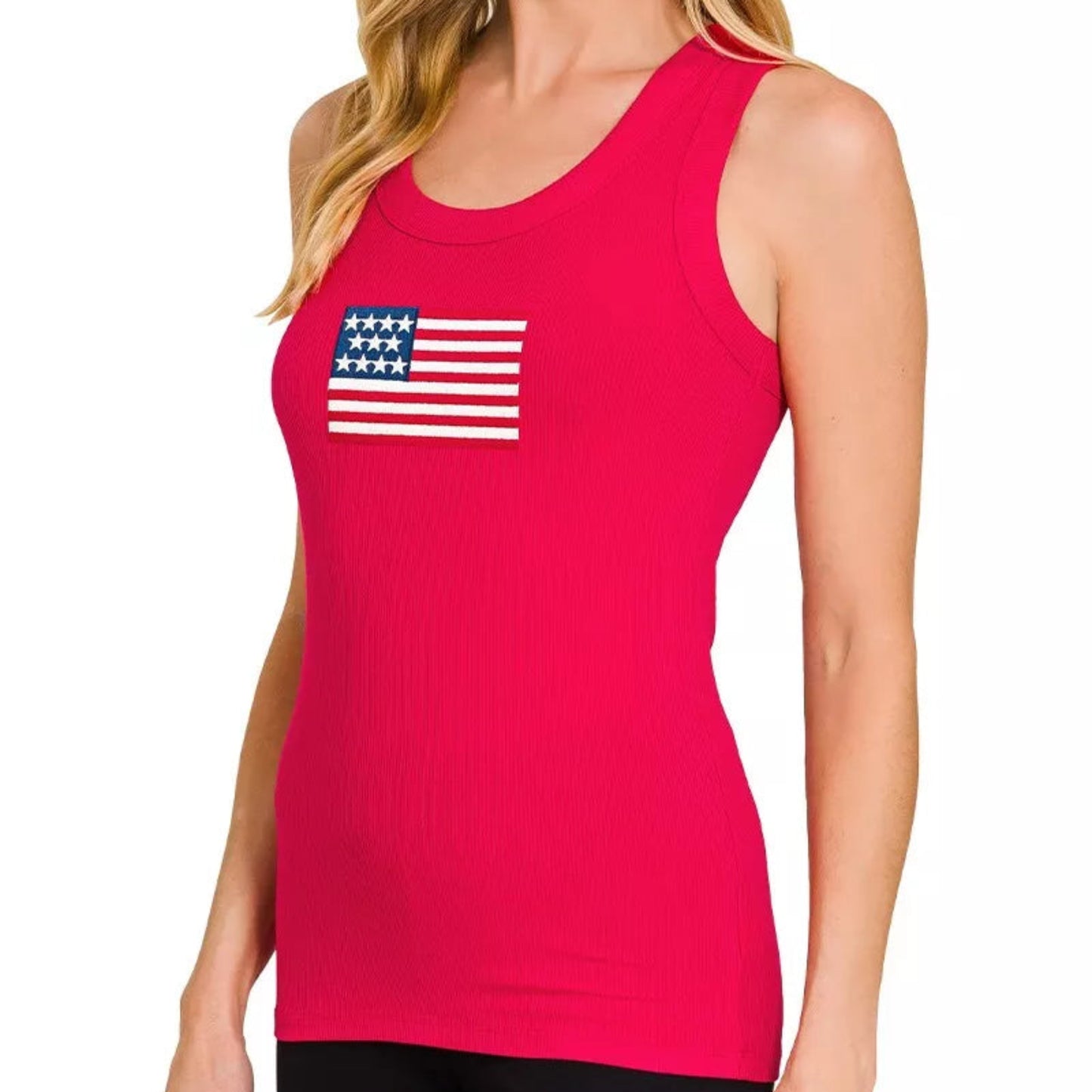 Close-up of the vibrant American flag graphic and ribbed texture on the Ruby tank.