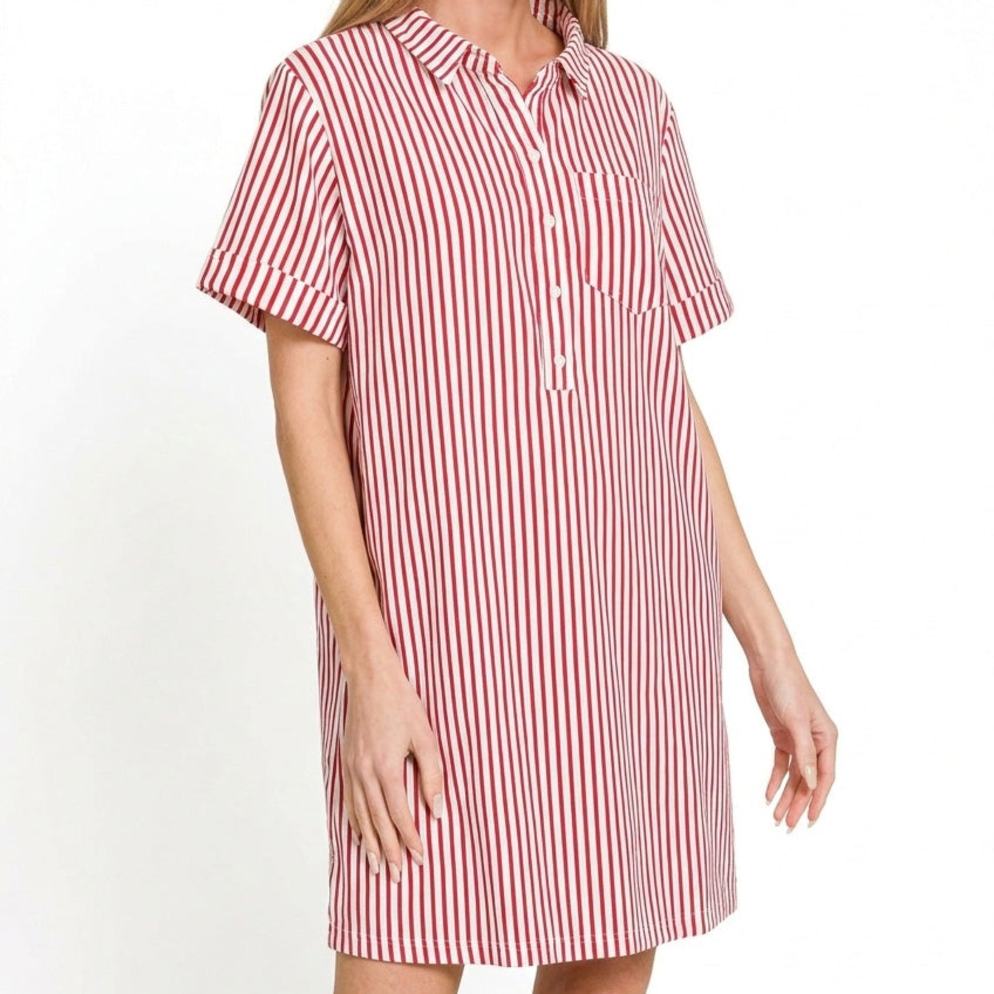 Close-up of the polished collar and half button-up detail on the ruby red striped dress.