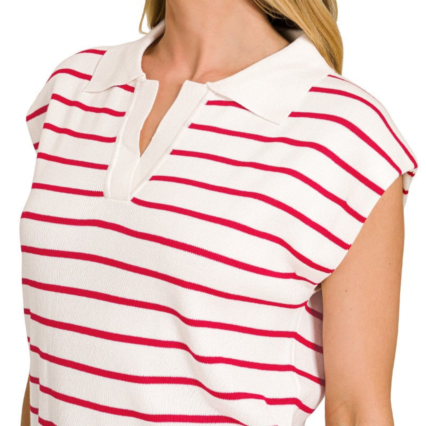 Close-up detail of the knit polo collar and ruby striped texture on a 100% viscose sweater vest.