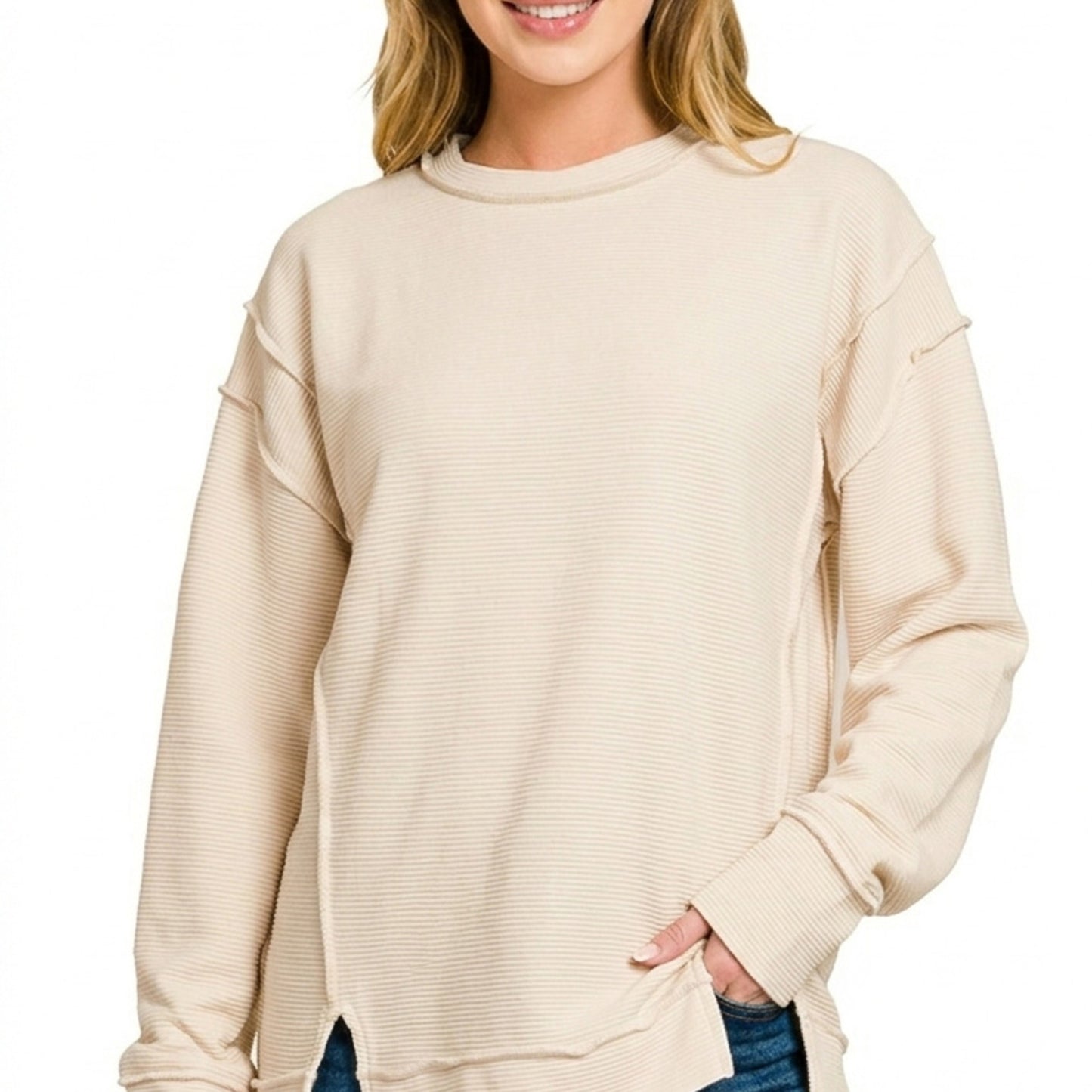 Front view of Zenana double-ribbed sweatshirt in Sand Beige with raw seams.